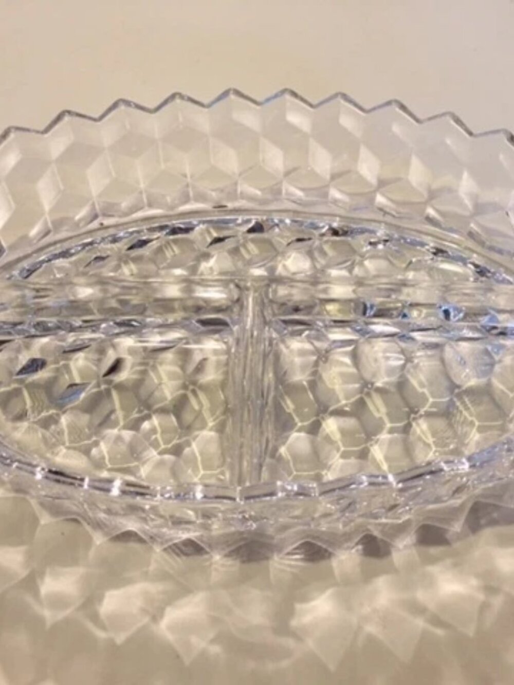 VINTAGE FOSTORIA AMERICAN OVAL CRYSTAL CUBIST RELISH DISH 3 PART 10 1/2" Long